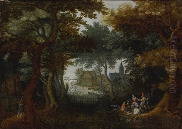 Elegant Hunting Party At Rest In A Forest Oil Painting by David Vinckboons I