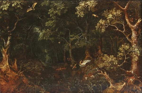Paysage Forestier , Animaux, Et Chasseur Dans L'arriere Plan Oil Painting by David Vinckboons I