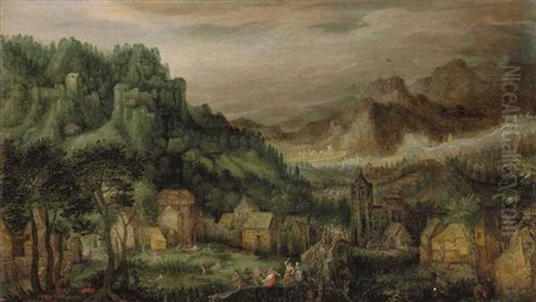 An Extensive Mountainous Landscape, With The Return From The Kermesse Oil Painting by David Vinckboons I