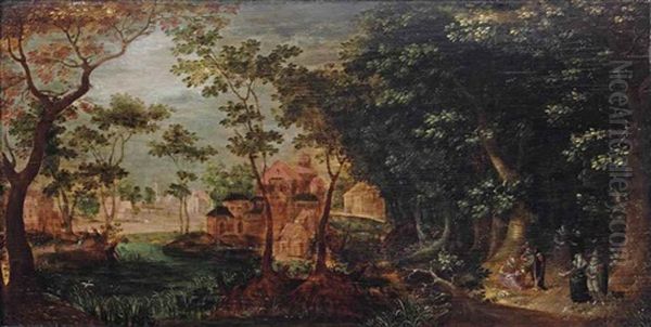 A Wooded Landscape With An Elegant Party And A Town Beyond Oil Painting by David Vinckboons I