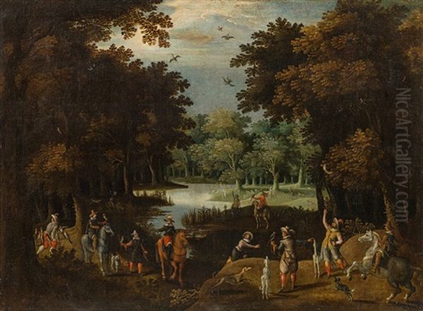 Forest Landscape With Falcon Hunt Oil Painting by David Vinckboons I