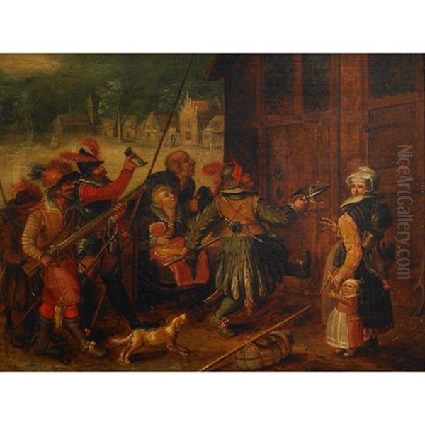 Spanish Soldiers And Village Onlookers Oil Painting by Johannes Vinckeboons
