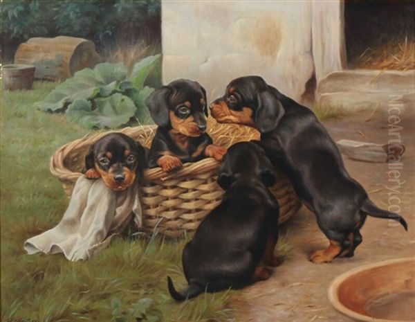 Four Puppies In A Basket Oil Painting by Ejnar Vindfeldt