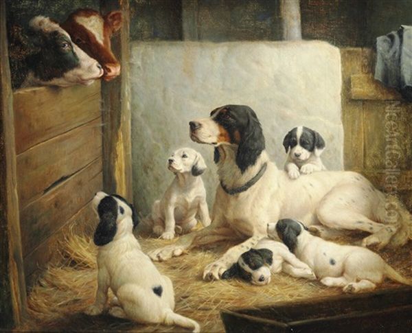 English Setter With A Litter Of Puppets In The Barn Oil Painting by Ejnar Vindfeldt