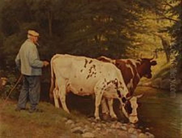 Cows Are Drinking From A Steam Oil Painting by Ejnar Vindfeldt