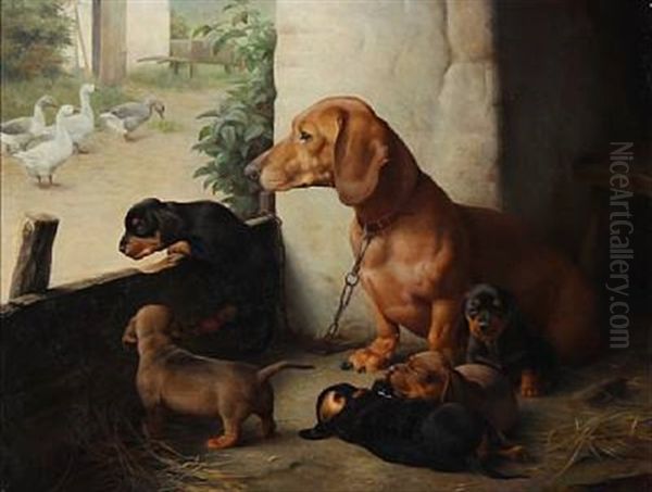 En Gravhund Med Hvalpe Oil Painting by Ejnar Vindfeldt