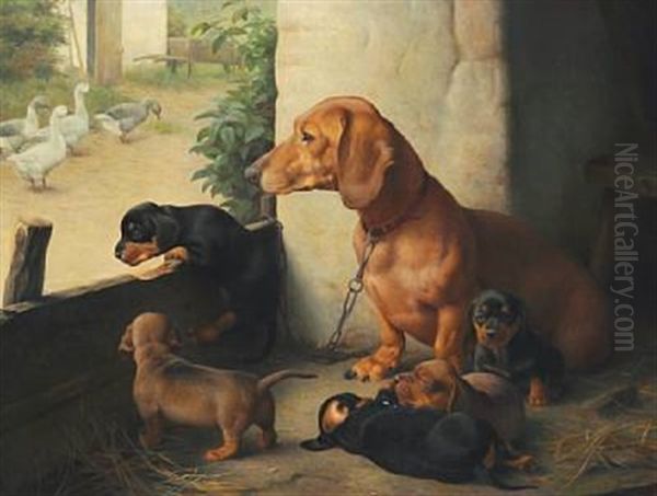 A Dashhound With Puppies In The Courtyard Oil Painting by Ejnar Vindfeldt
