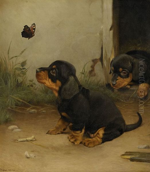 Tva Valpar Och En Nasselfjaril Oil Painting by Ejnar Vindfeldt