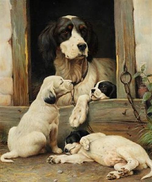 Setter With Three Puppies Oil Painting by Ejnar Vindfeldt