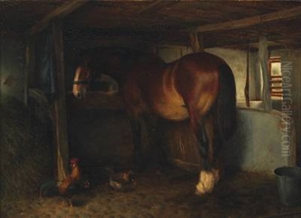 Interior From A Stable With Horse And Fowls Oil Painting by Ejnar Vindfeldt