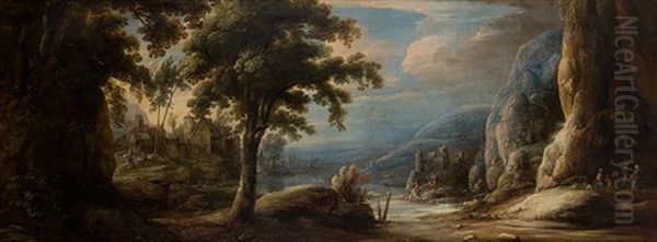 Paisaje Con Personajes, Aldea Y Lago Oil Painting by Jan van der Vinne III