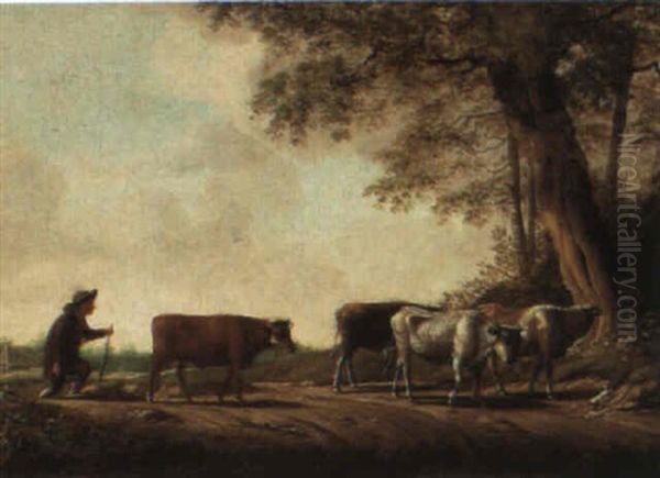 Landscape With Cattle Being Driven Along A Path By A Herder Oil Painting by Jan van der Vinne the Elder
