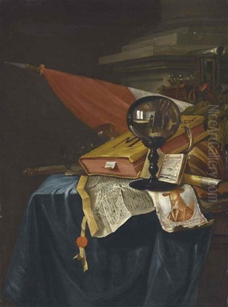 A Crystal Ball Reflecting An Artist At His Easel, On A Partially Draped Table With Other Curiosities Oil Painting by Vincent Laurentsz. van der Vinne I