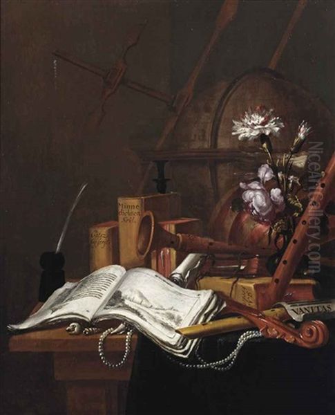 A Vanitas Still Life With An Illustrated Book, Shells, A String Of Pearls, Musical Instruments, A Globe, Books And Flowers In A Glass Vase... Oil Painting by Vincent Laurentsz. van der Vinne I