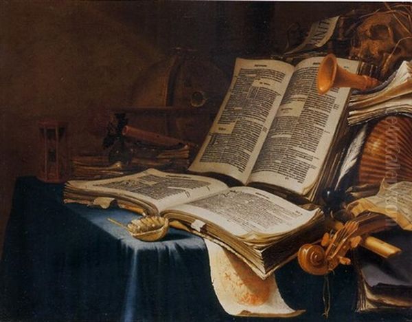 A Vanitas Still Life With A Globe, An Hourglass, A Rose, A Skull, Musical Instruments, Papers And Books On A Draped Table Oil Painting by Vincent Laurentsz. van der Vinne I