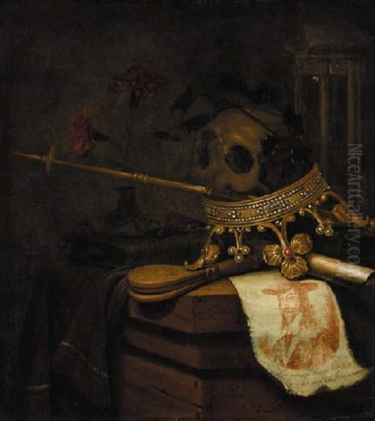 A Vanitas Still Life With A Crown, A Skull, Castanets, Carnations In A Glass Vase, An Hourglass, A Scroll And An Engraved Portrait Of King Charles I Oil Painting by Vincent Laurentsz. van der Vinne I