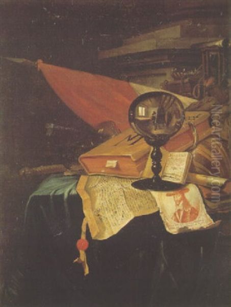 A Vanitas Still Life With The Artist At His Easel Reflected In A Crystal Ball, Portrait Engraving Of King Charles I And Other Objects On A Partly Draped Table Oil Painting by Vincent Laurentsz. van der Vinne I