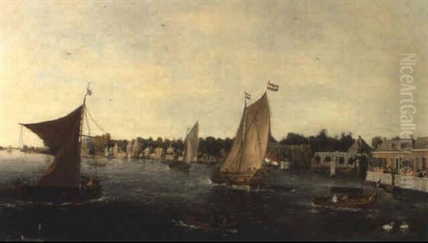 Bateaux Navigant Sur Une Riviere Bordant Des Maisons Oil Painting by Vincent Laurentsz. van der Vinne I