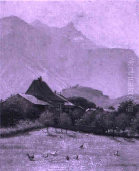 Bauernhof Vor Alpenpanorama Oil Painting by Paul Virchaux