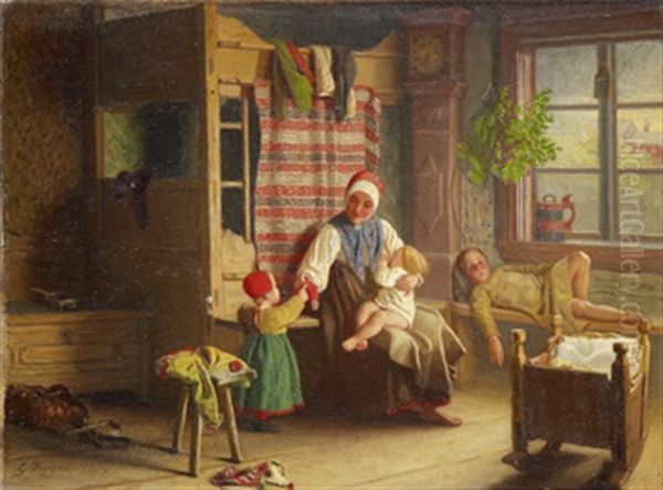 Allmogeinterior Med Familj Oil Painting by Gottfrid Virgin