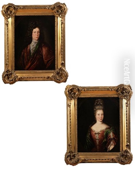 Portrait Einer Adeligen Dame Sowie Portrait Eines Adeligen Herrn Mit Allongeperucke (pair) Oil Painting by Georg Matthaus Vischer