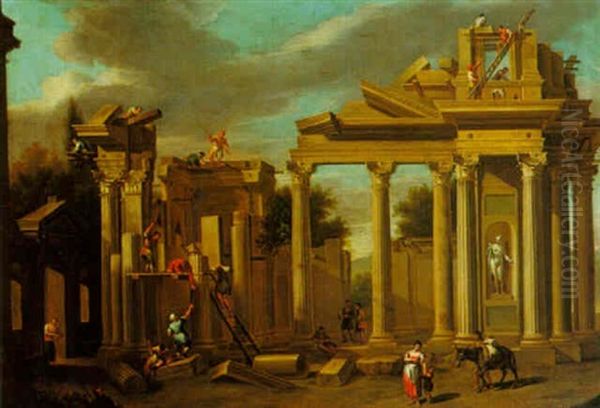Landscape With Figures Constructing A Classical Temple Oil Painting by Antonio Visentini