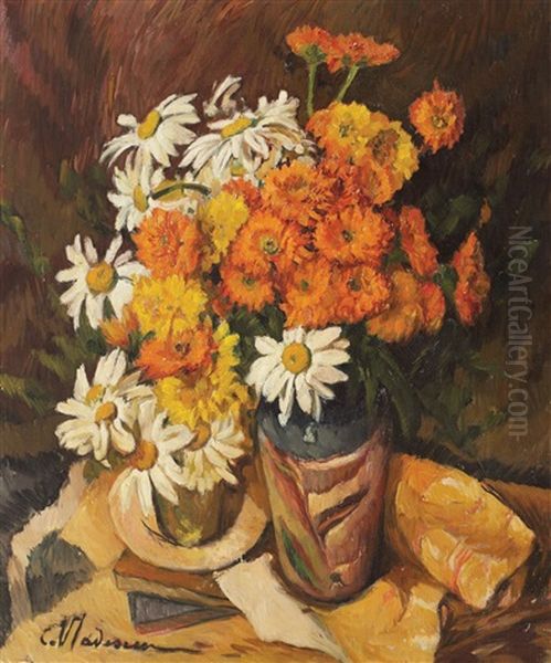 Still Life With Chrysanthemums And Zinnias Oil Painting by Constantin Vladescu