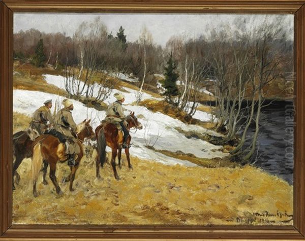 Russian Cossacks At A Stream In The Early Spring Oil Painting by Ivan Alexeievitch Vladimirov