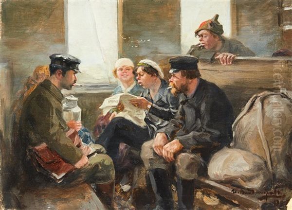 A Man Reading The Newspaper On The Train Oil Painting by Ivan Alexeievitch Vladimirov
