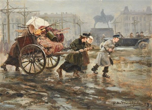 A Family Carrying Their Belongings - St. Petersburg Oil Painting by Ivan Alexeievitch Vladimirov