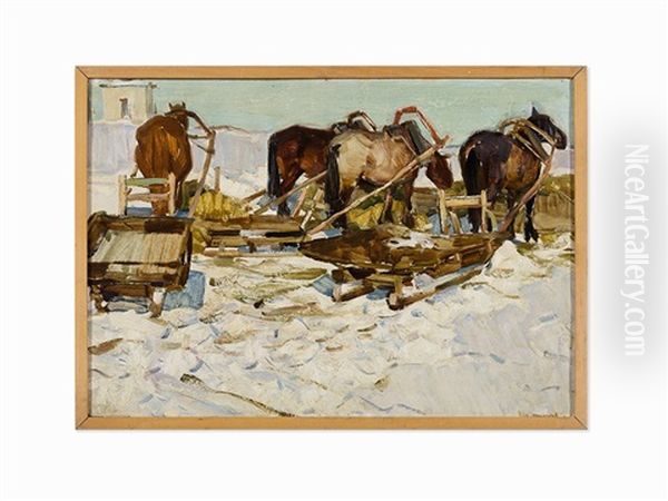 Horses In The Rig In The Winter Oil Painting by Ivan Alexeievitch Vladimirov