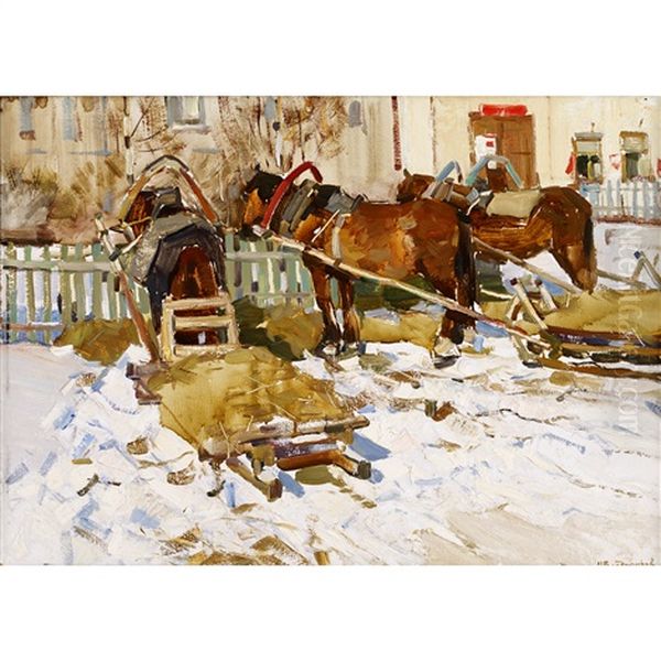 Horsecarts In Winter Oil Painting by Ivan Alexeievitch Vladimirov