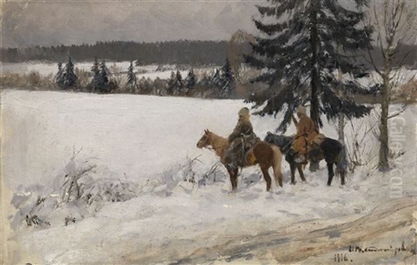 Winter Scene With Two Cossack Horsemen Oil Painting by Ivan Alexeievitch Vladimirov