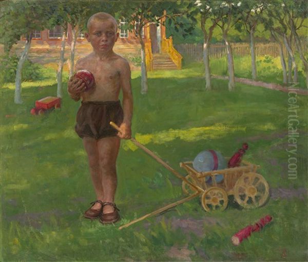 Boy With A Toy Wagon Oil Painting by Boris E. Vladimirsky