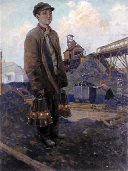Boy With Lanterns Oil Painting by Boris E. Vladimirsky