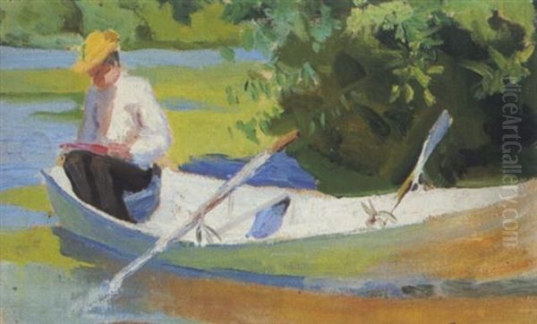 Lesende Frau In Einem Boot Oil Painting by Boris E. Vladimirsky