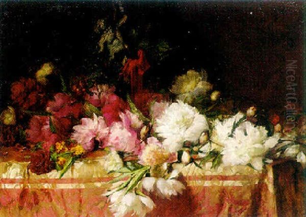 Cabbage Roses On A Table Oil Painting by Emile Vloors