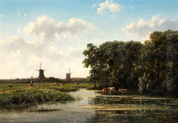 Boerin Met Juk In Een Zomerse Weide Met Koeien En Molens Oil Painting by Johannes Gysbert Vogel the Younger