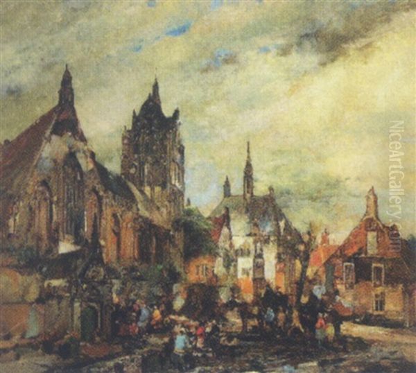 Hollandsk Byparti Med Talrige Personer Pa Et Torv Oil Painting by Johannes Gysbert Vogel the Younger