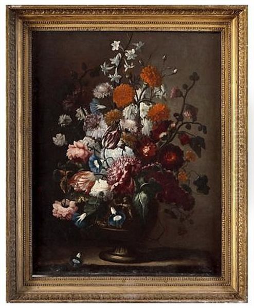 A Bunch Of Flowers In A Decorated Vase Oil Painting by Karel Van Vogelaer, Called Distelbloom