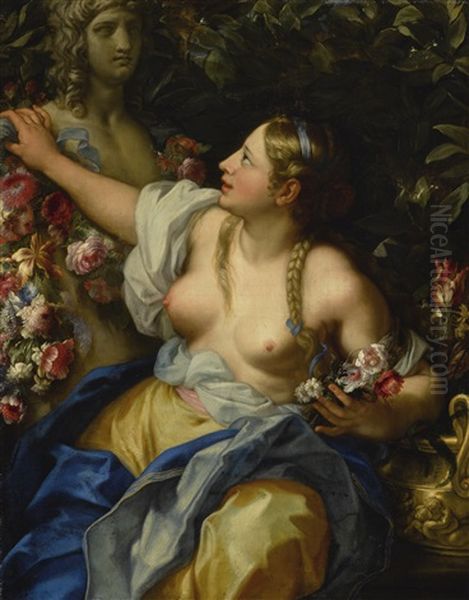 Portrait Of A Young Woman, Three Quarter Length, As Flora Oil Painting by Karel Van Vogelaer, Called Distelbloom