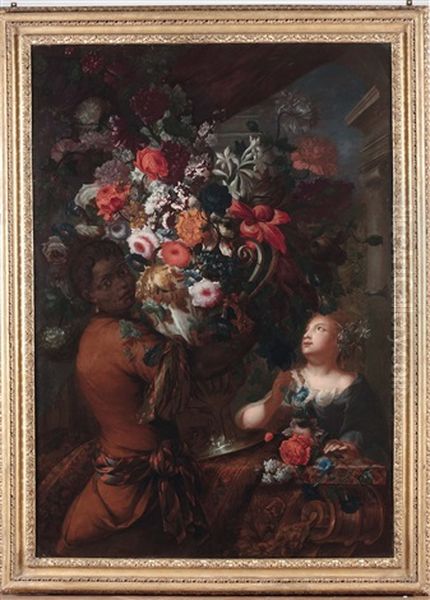 Trofeo Di Fiori In Un Vaso Dargento Sorretto Da Un Servo Moro E Una Fanciulla Oil Painting by Karel Van Vogelaer, Called Distelbloom