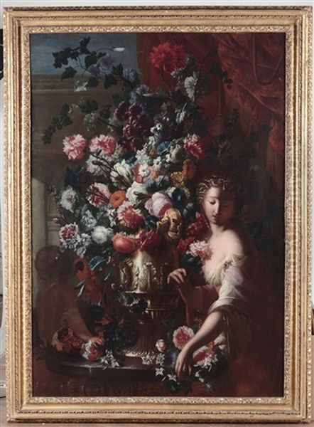Trionfo Di Fiori In Un Vaso Dargento, Una Donna E Un Bimbo Di Spalle Oil Painting by Karel Van Vogelaer, Called Distelbloom