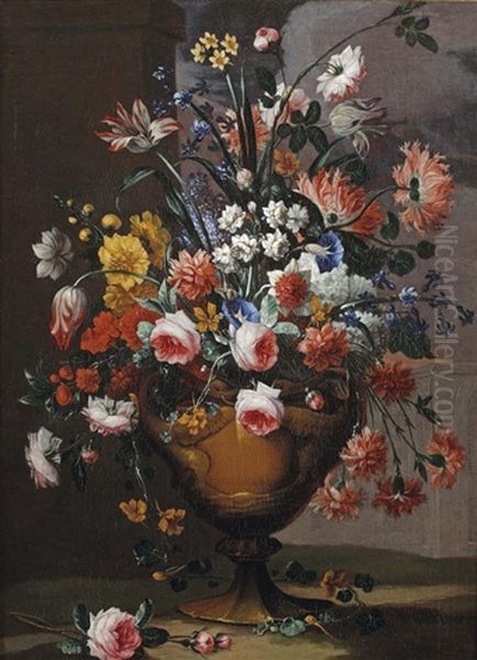 Peonies, Pink Roses, Lilies, Tulips, Daffodils And Other Flowers In A Vase, In A Park Landscape Oil Painting by Karel Van Vogelaer, Called Distelbloom