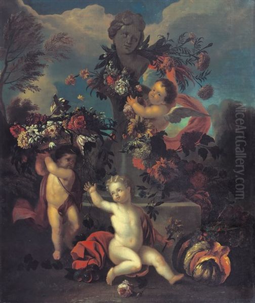 Giardino Con Putti E Fiori Oil Painting by Karel Van Vogelaer, Called Distelbloom