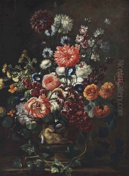 Poppies, Convolvulus, Foxgloves And Other Flowers In A Sculpted Urn On A Plinth Oil Painting by Karel Van Vogelaer, Called Distelbloom