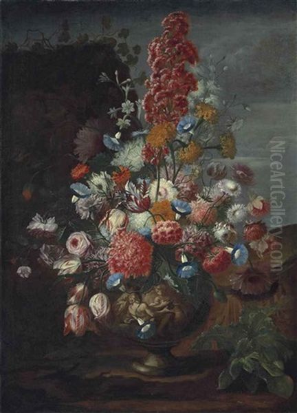 Carnations, Convolvulus, Tuberoses, Parrot Tulips, Roses And Other Flowers In A Sculpted Urn, In A Landscape Oil Painting by Karel Van Vogelaer, Called Distelbloom
