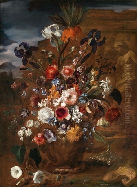 Blumenstillleben Mit Lilien, Narzissen, Winden Und Einer Kaiserkrone In Einer Vase Vor Einem Steinrelief Oil Painting by Karel Van Vogelaer, Called Distelbloom