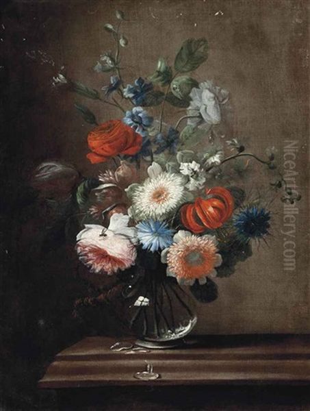 Roses, A Tulip, Corn Flowers, A Lilly And Hollyhocks In A Glass Vase On A Stone Ledge Oil Painting by Karel Van Vogelaer, Called Distelbloom
