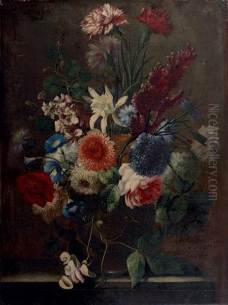 Bouquet De Fleurs Dans Un Vase Pose Sur Un Entablement Oil Painting by Karel Van Vogelaer, Called Distelbloom